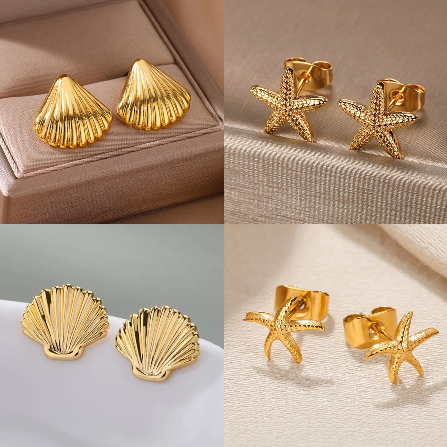 Starfish Shell Gold Stud Earrings